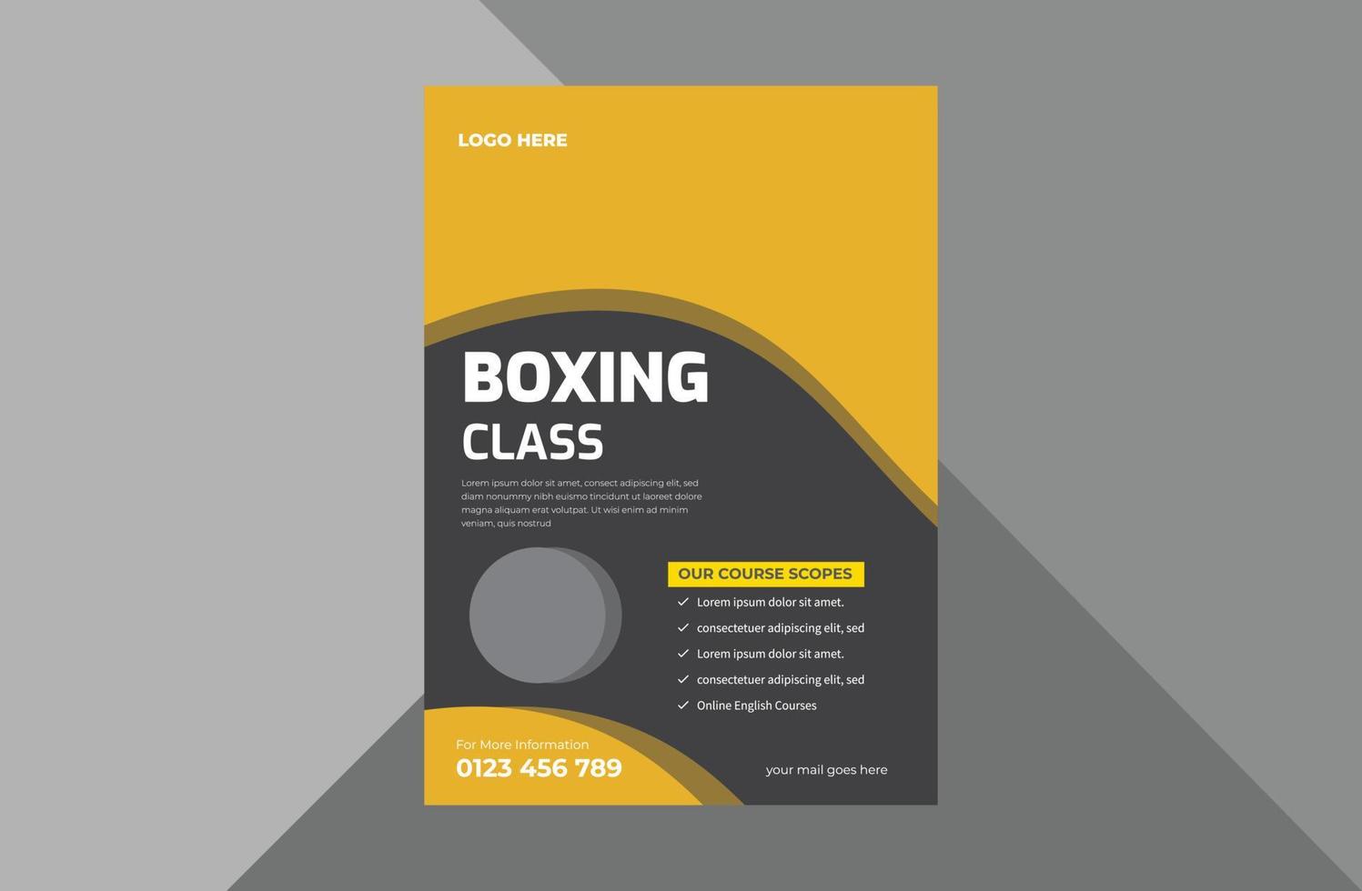 modello di progettazione volantino scuola di boxe. disegno del volantino del poster di sport di boxe. modello a4, design brochure, copertina, volantino, poster, pronto per la stampa vettore