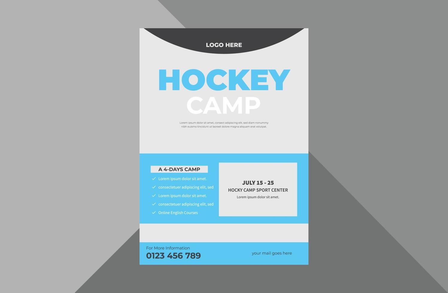 modello di progettazione volantino campo di hockey. progettazione di volantini per manifesti di eventi sportivi. volantino sportivo hockey. modello a4, design brochure, copertina, volantino, poster, pronto per la stampa vettore