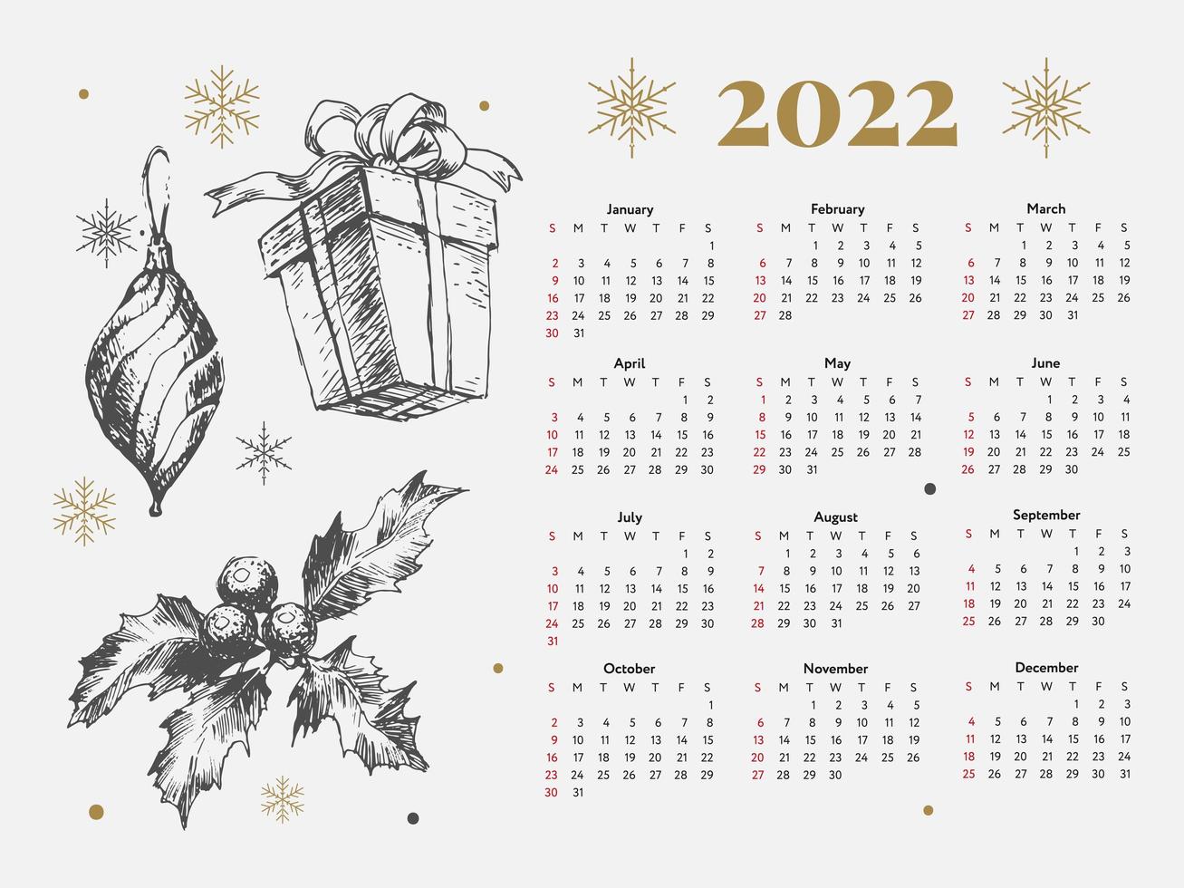 2022 albero di natale anno nuovo schizzo calendario settimana inizia domenica. vettore