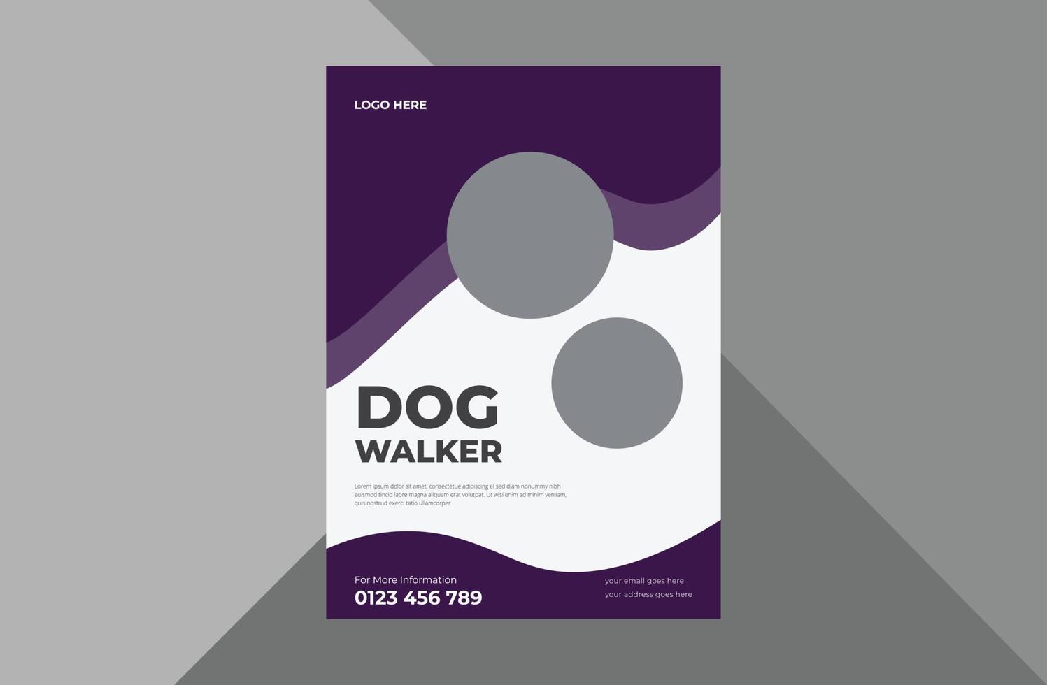 design del volantino del servizio di dog walker. modello di progettazione dell'opuscolo del manifesto del servizio di passeggio per animali domestici. bundle, modello a4, design brochure, copertina, flyer, poster, pronto per la stampa vettore