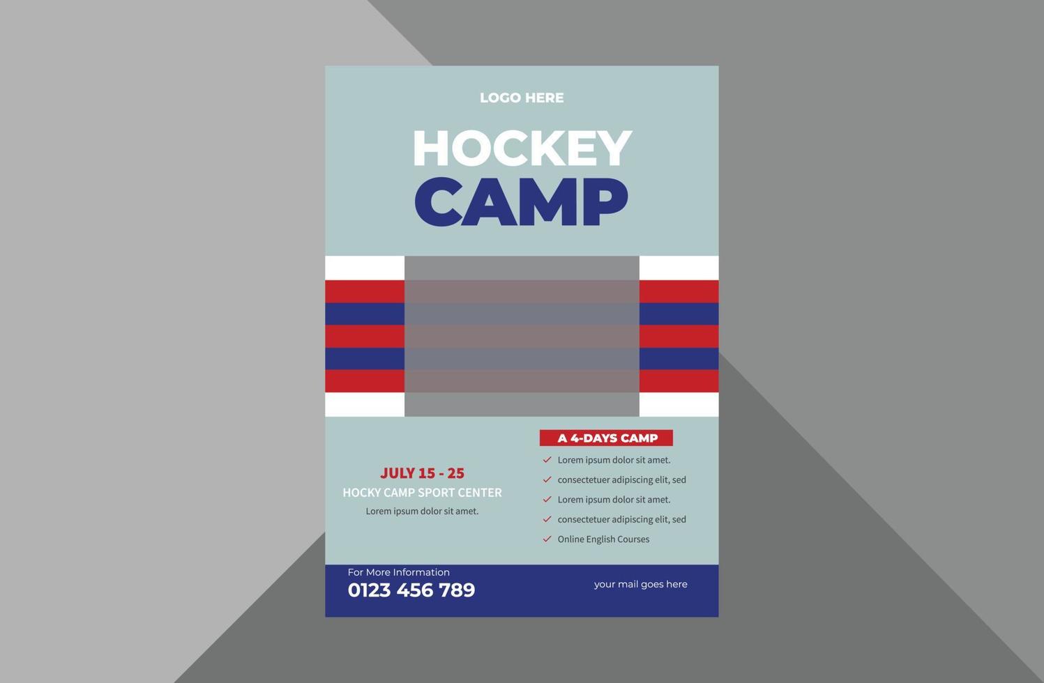 modello di progettazione volantino campo di hockey. progettazione di volantini per manifesti di eventi sportivi. volantino sportivo hockey. modello a4, design brochure, copertina, volantino, poster, pronto per la stampa vettore