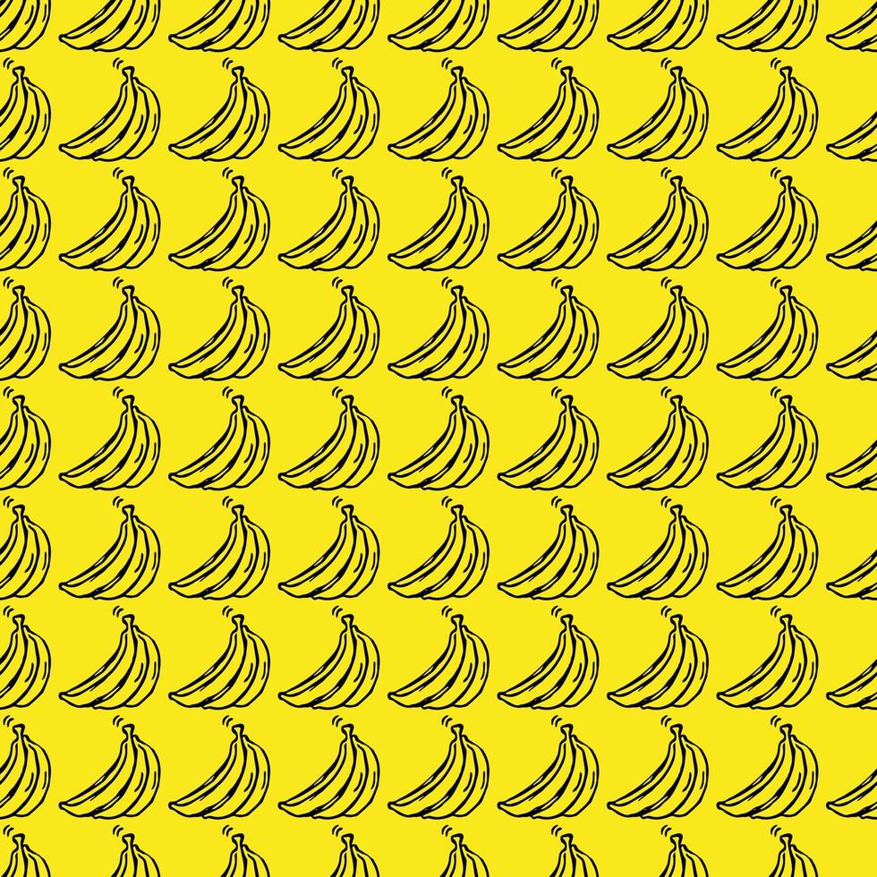 modello vettoriale banana senza soluzione di continuità. scarabocchiare vettore con icone di banana su sfondo giallo. motivo vintage a banana, sfondo di elementi dolci per il tuo progetto, menu, caffetteria.