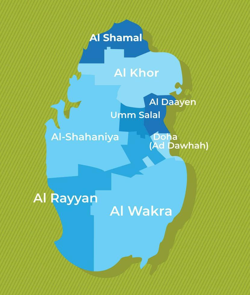 Qatar carta geografica con regioni blu politico carta geografica verde sfondo vettore illustrazione