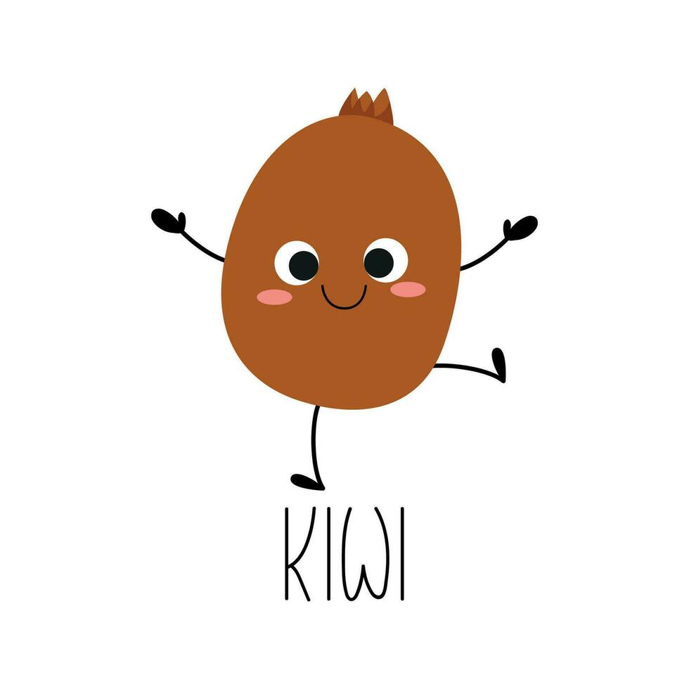 carino salto mano disegnato Kiwi carattere. apprendimento frutta flashcard con esso nome per bambini. vettore