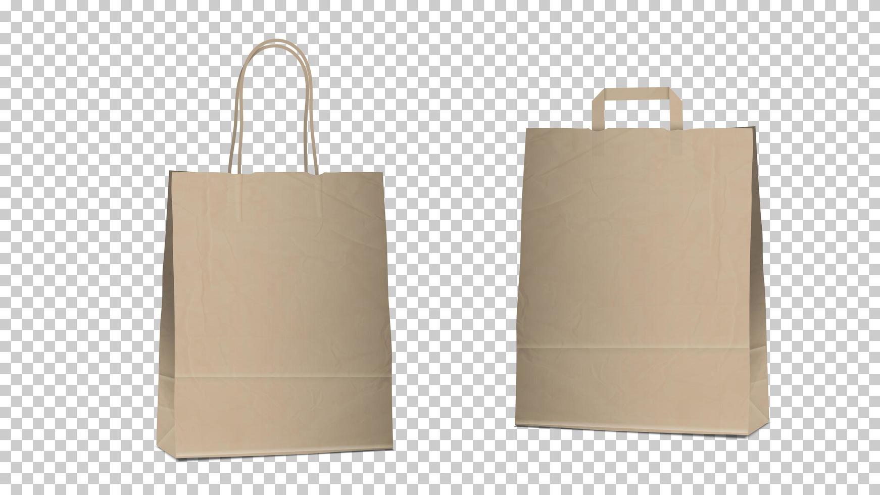 shopping sacchetti vuoti isolati, due diversi sacchetti di carta marrone riciclabili vuoti con manici per l'imballaggio e lo shopping vettore