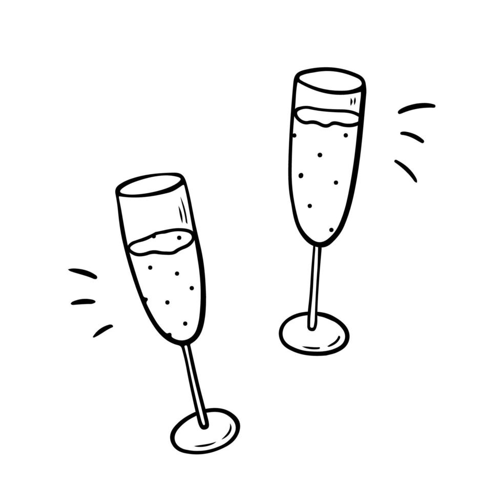 due bicchieri tintinnanti con champagne isolati su sfondo bianco. saluti, brindisi per le vacanze. illustrazione vettoriale disegnata a mano in stile doodle. adatto per biglietti, decorazioni, inviti, disegni festivi.