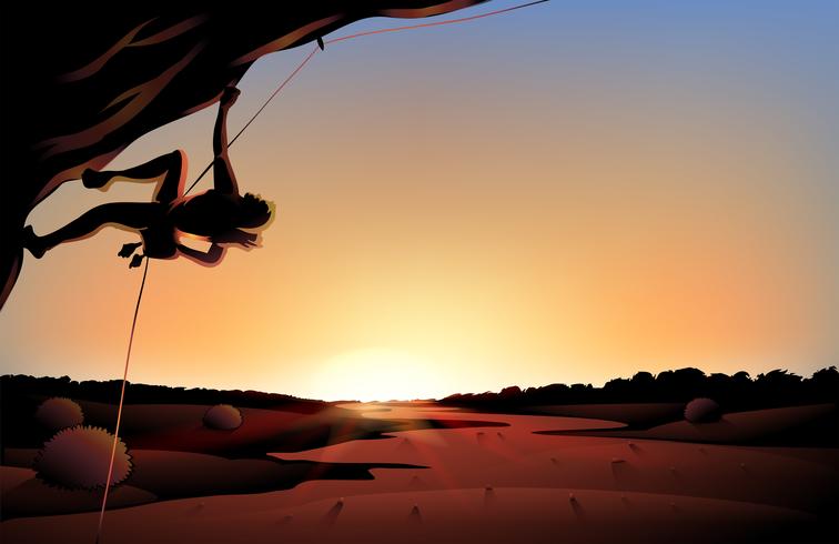 Una vista del tramonto del deserto con un uomo che si arrampica all&#39;albero vettore