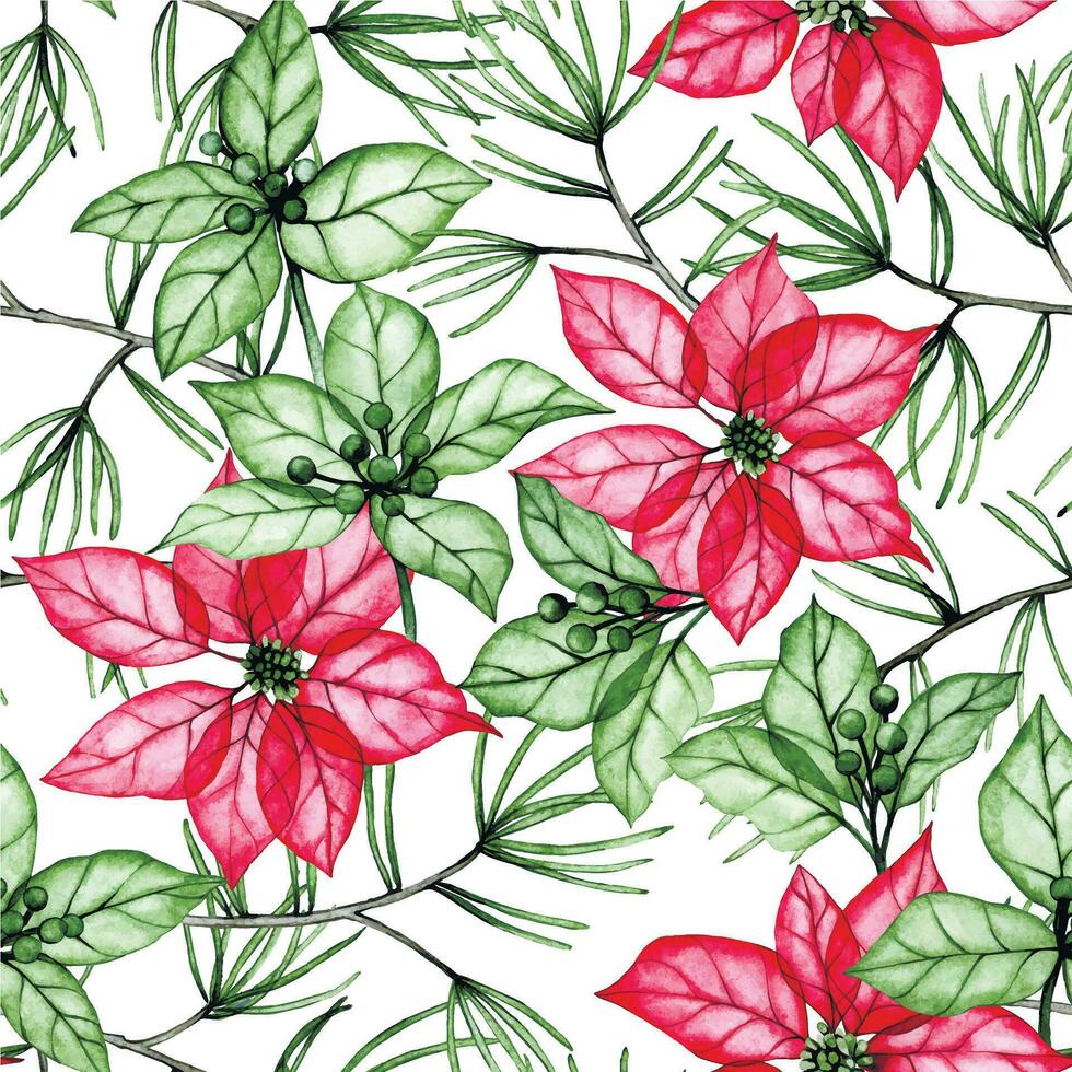 acquerello disegno, Natale decorazione senza soluzione di continuità modello con trasparente fiori, raggi X. poinsettia fiori, agrifoglio le foglie e abete rosso rami. inverno Stampa per nuovo anno, Natale vettore