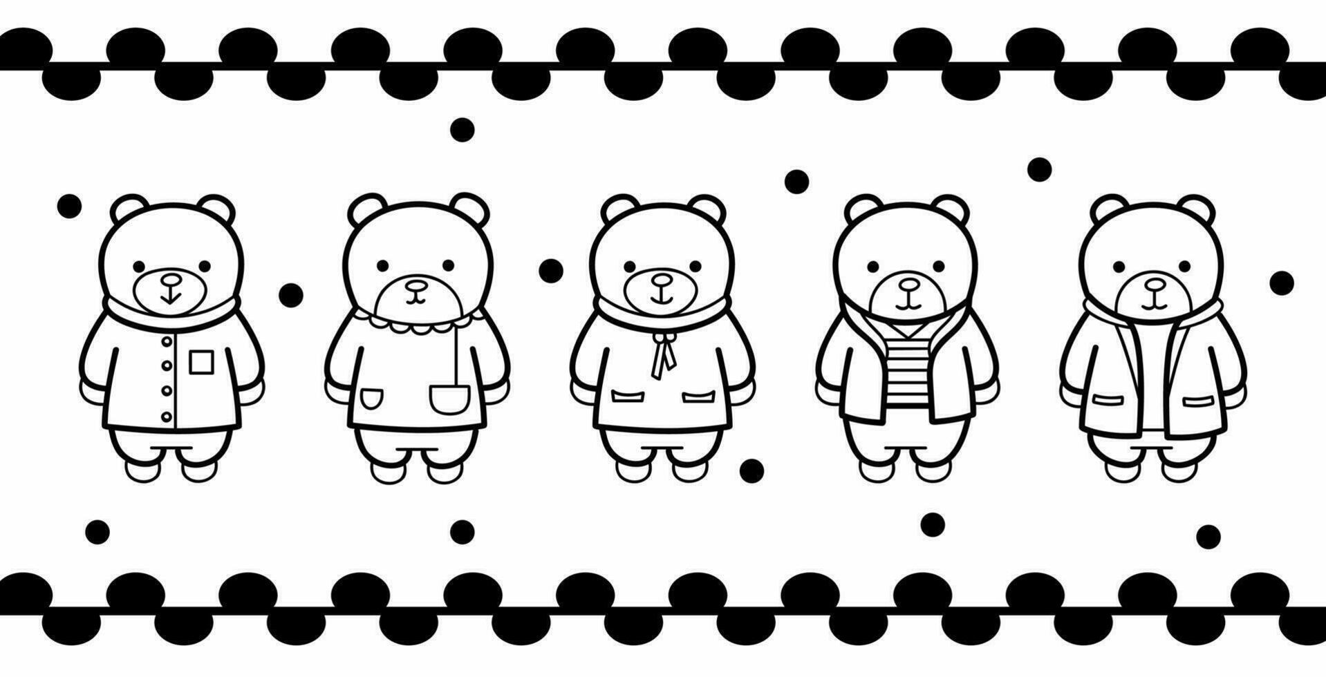 impostato di carino orso cartone animato personaggi, indossare Abiti, jeans e uniformi, piatto schema design per colorazione prenotare, vettore illustrazione.