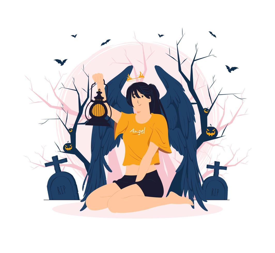 l'angelo caduto si siede e tiene una lanterna nel mezzo della foresta sull'illustrazione del concetto di halloween vettore