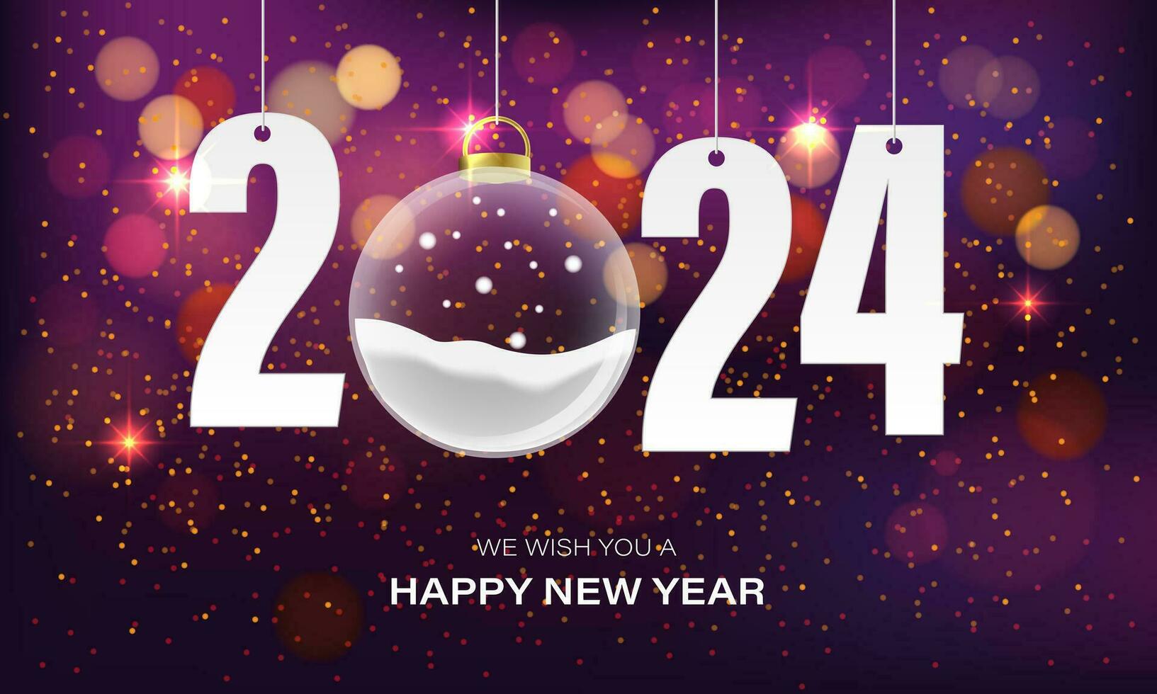 contento nuovo anno 2024 bianca carta numero stelle bicchiere palla bokeh sfocatura su viola lusso design per vacanza Festival celebrazione conto alla rovescia sfondo vettore