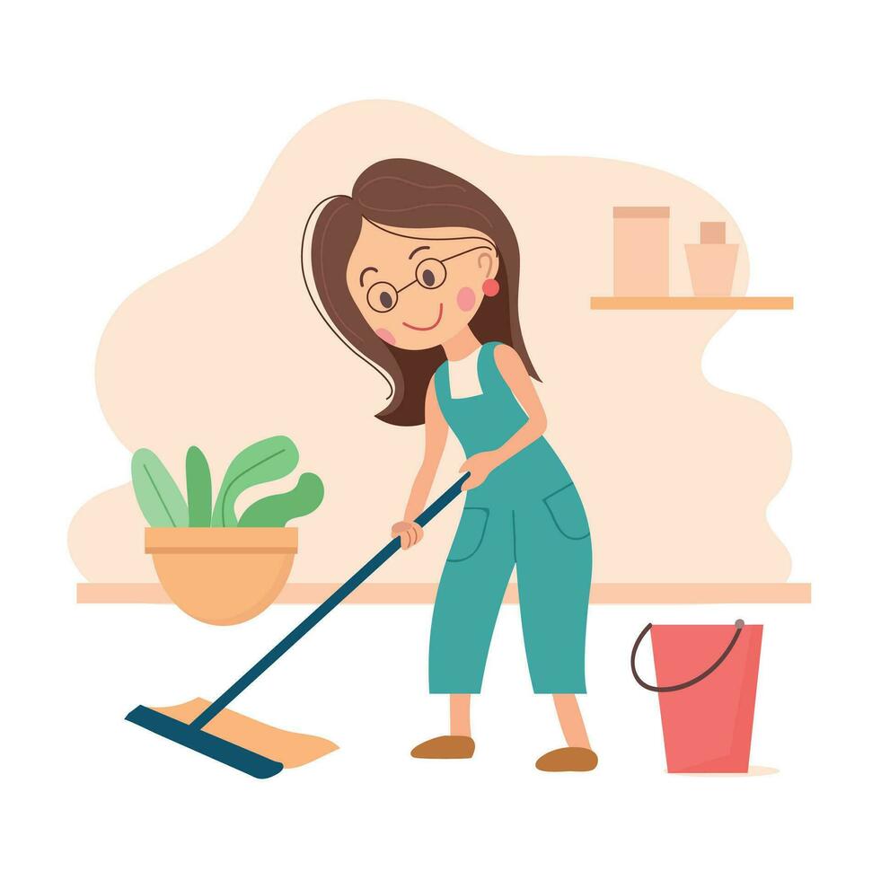 vettore giovane donna casalinga pulizia il pavimento con un' Mocio e un' secchio di acqua quotidiano routine vettore illustrazione