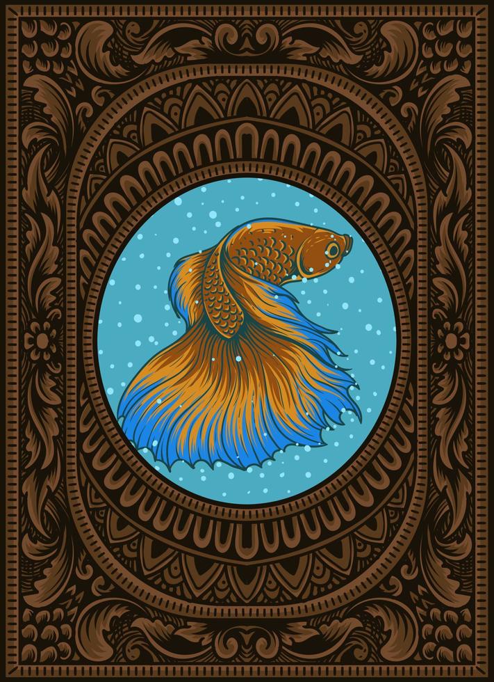 illustrazione bellissimo pesce betta su telaio acquario vintage vettore