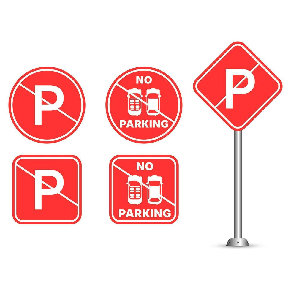 impostato di no parcheggio segni. il no parcheggio cartello è un' cerchio e piazza nel rosso colore. no parcheggio cartello icona vettore