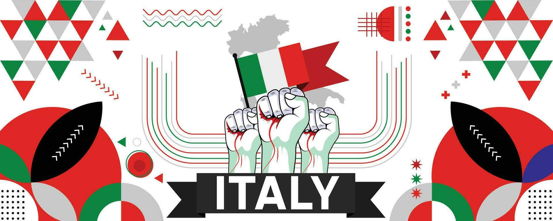 Italia nazionale o indipendenza giorno bandiera per nazione celebrazione. bandiera di Italia con sollevato pugni. moderno retrò design con typorgaphy astratto geometrico icone. vettore illustrazione.