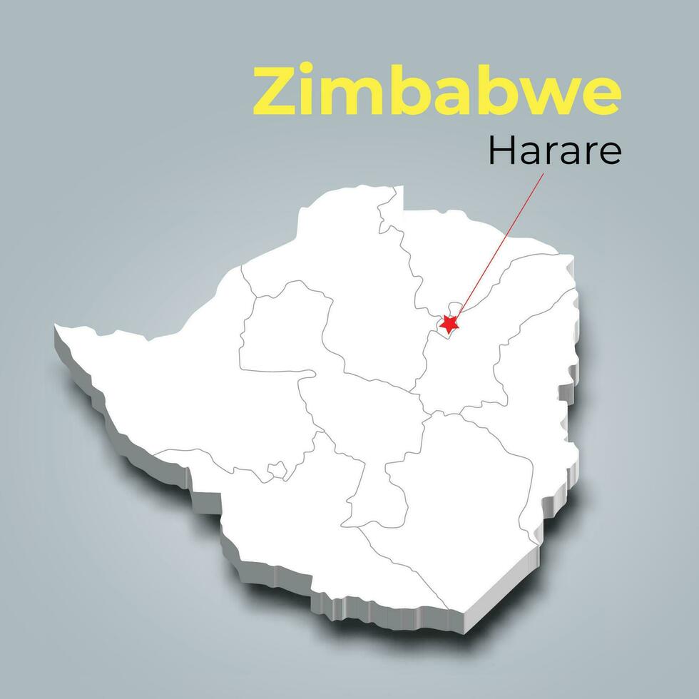 Zimbabwe 3d carta geografica con frontiere di regioni e suo capitale vettore