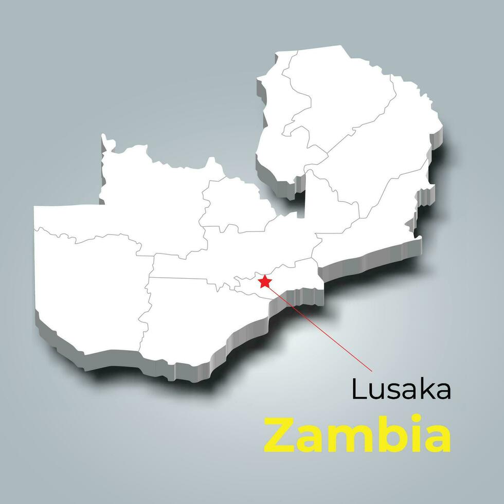 Zambia 3d carta geografica con frontiere di regioni e suo capitale vettore