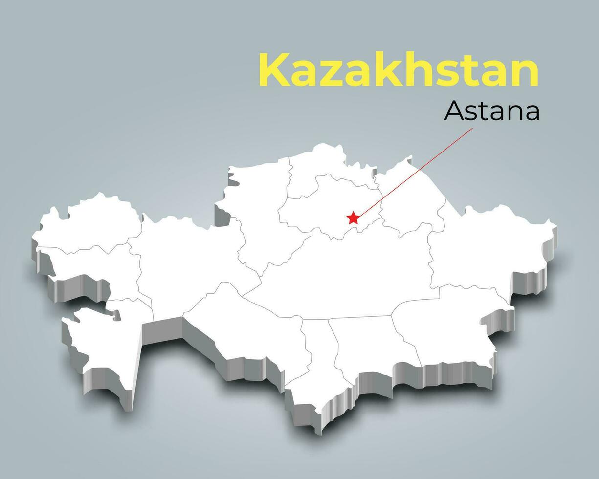 Kazakistan 3d carta geografica con frontiere di regioni e suo capitale vettore