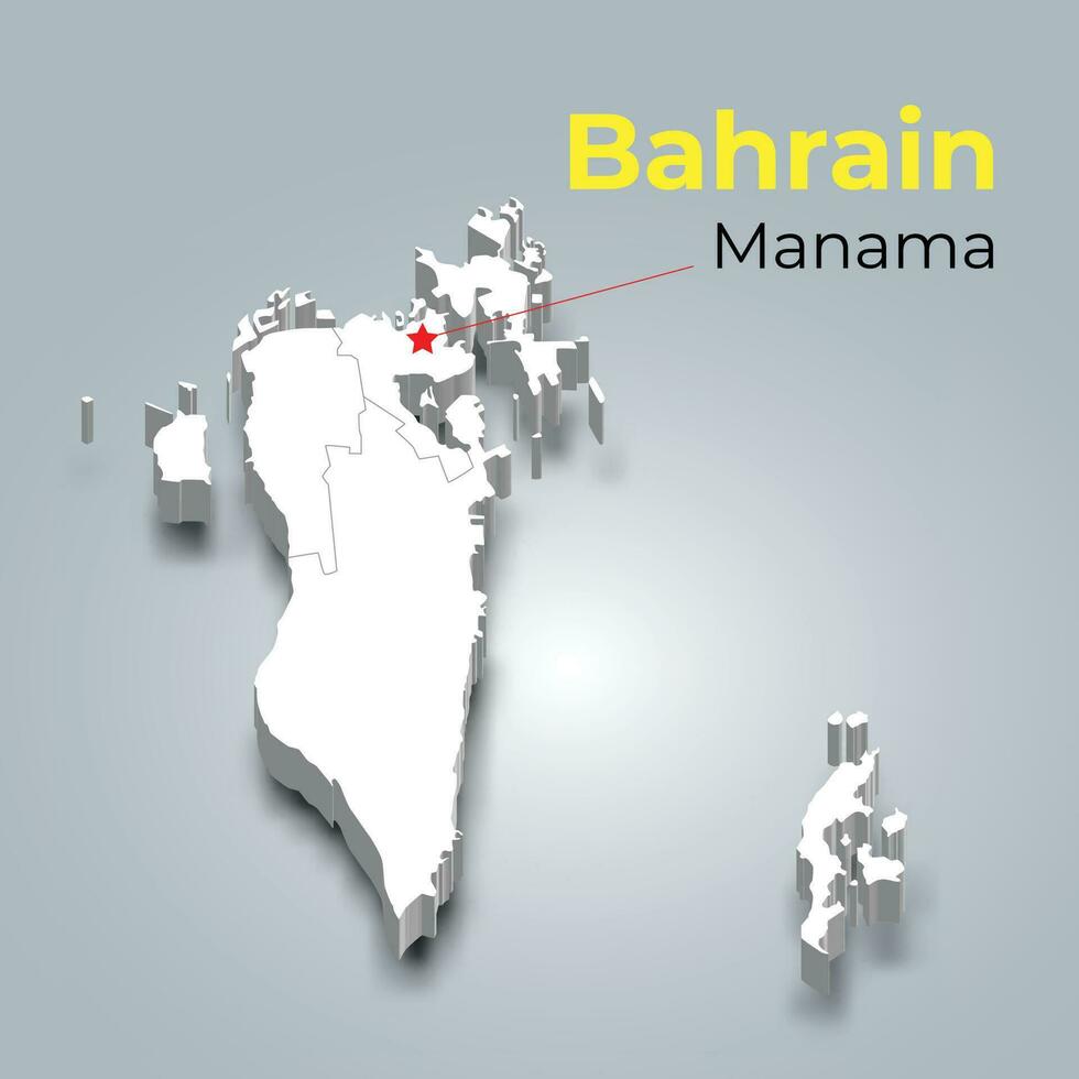 bahrain 3d carta geografica con frontiere di regioni e suo capitale vettore