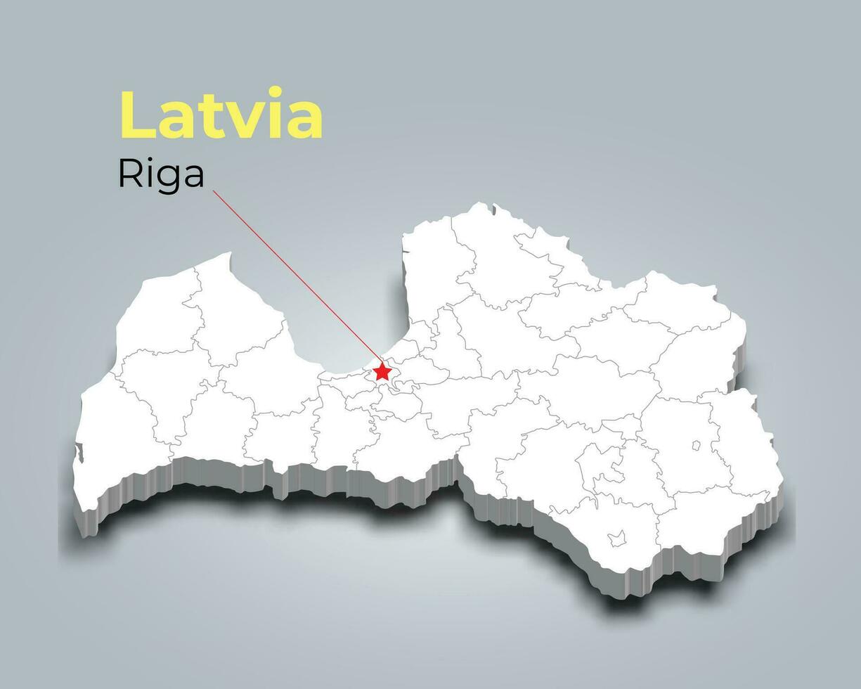 Lettonia 3d carta geografica con frontiere di regioni e suo capitale vettore