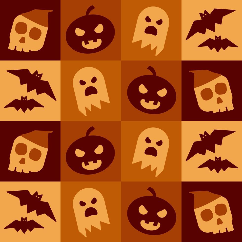 teschio di strega, testa di zucca, fantasma e pipistrelli nel modello di halloween. adatto da posizionare come sfondo, sfondo, sfondo, ecc. vettore