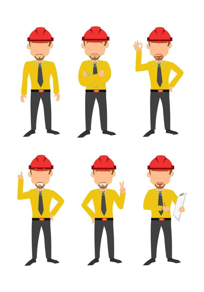 sicurezza primo nel giallo professionale lavoratori vettore impostato con rosso elmetti 6 immagini per costruzione e industriale scene