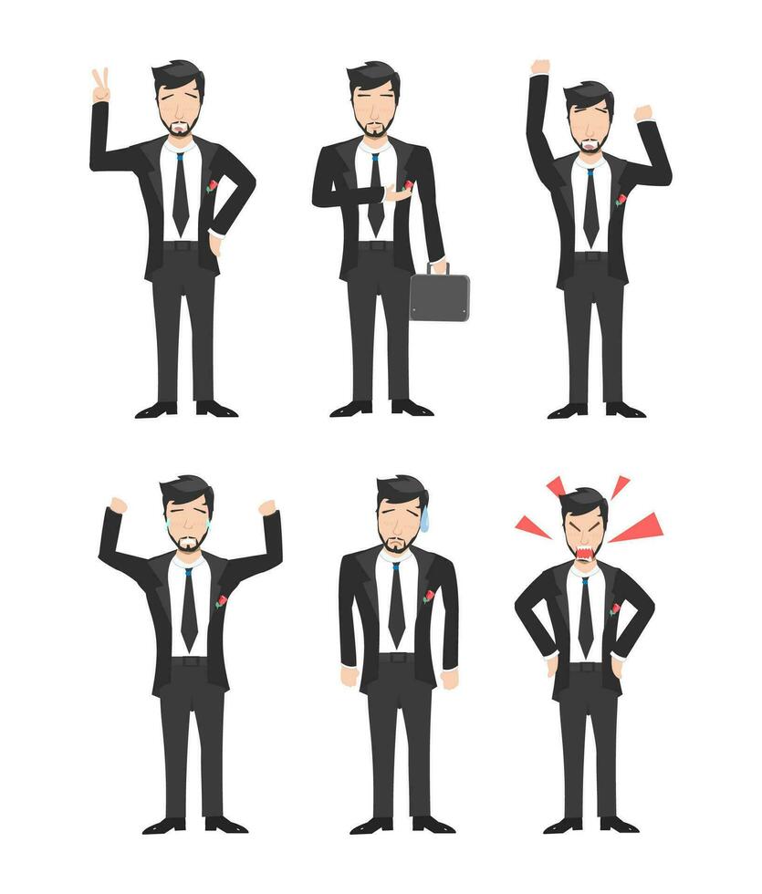 collezione di cartone animato uomo d'affari personaggi in mostra diverso pose e gesti. vettore grafica.