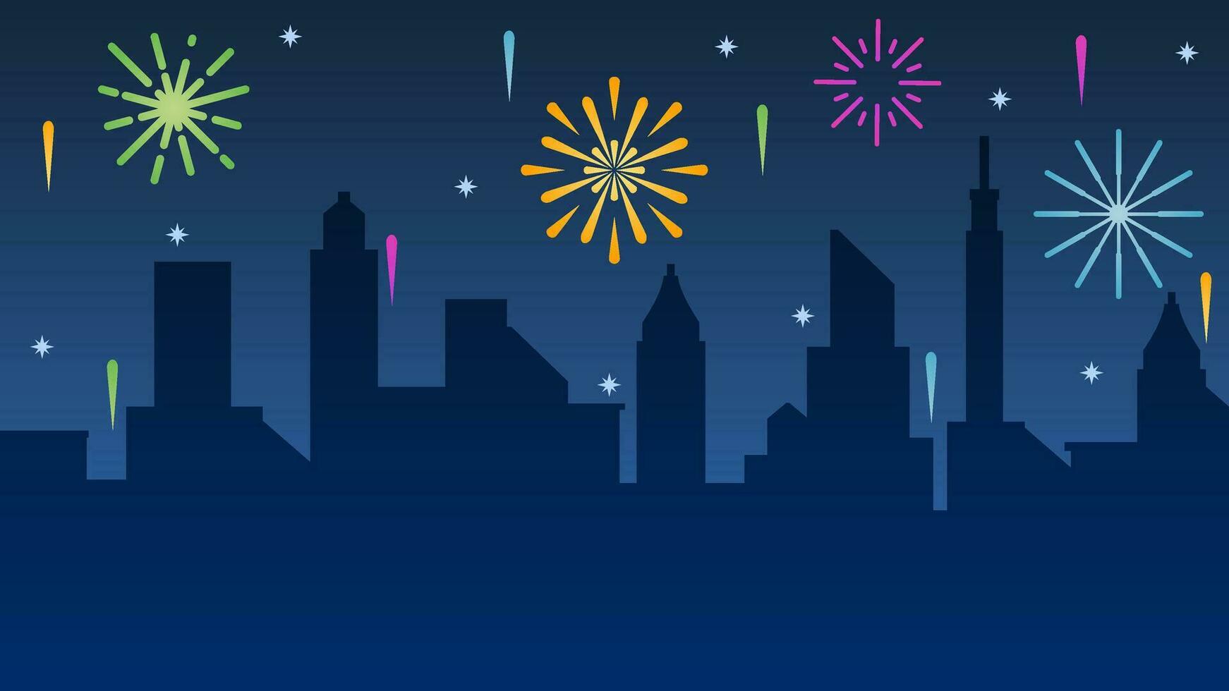 nuovo anno paesaggio urbano vettore illustrazione. città silhouette con colorato scintillante fuochi d'artificio nel nuovo anno evento. nuovo anno paesaggio per illustrazione, sfondo o sfondo. urbano fuoco d'artificio Festival