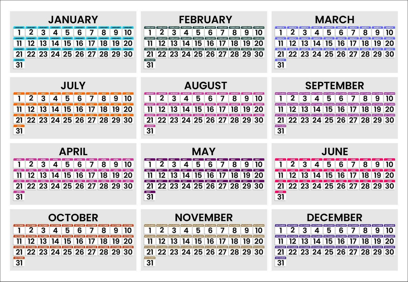 trimestre calendario modello per 2024. parete calendario griglia nel minimalista stile. di partenza a partire dal 1 per 30. ultimo calendario per tutti mesi vettore