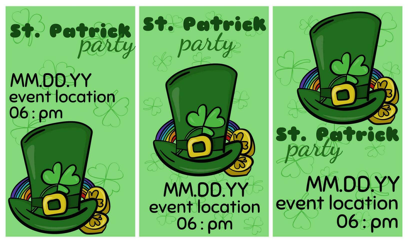 st. Patrick giorno festa, impostato di verticale formato volantini o inviti nel cartone animato stile vettore