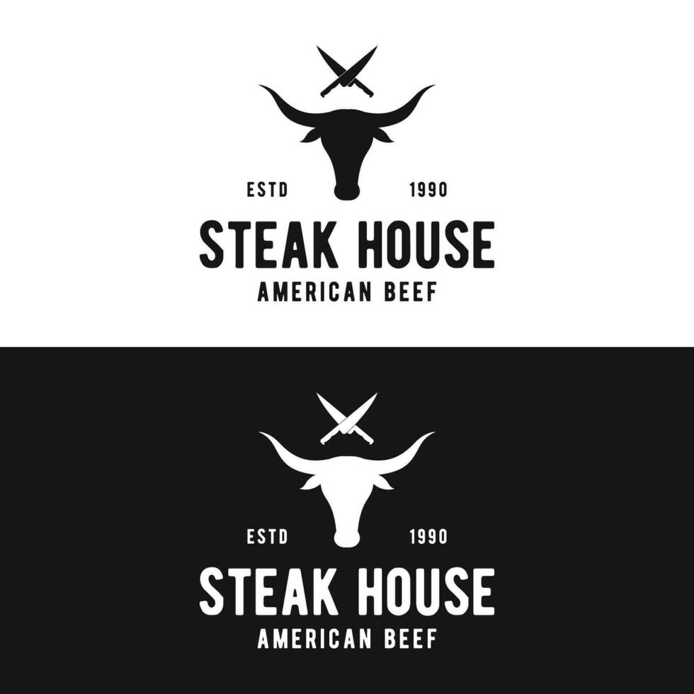 retrò Vintage ▾ bistecca Casa logo design. logo per attività commerciale, ristorante, etichetta, distintivo. con qualità carne. vettore