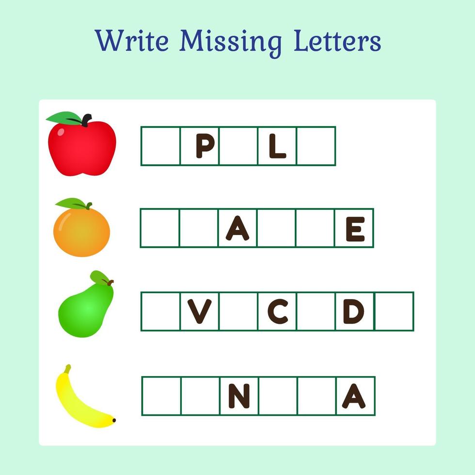 Scrivi le lettere mancanti gioco per i bambini. perfetto per l'attività dei bambini. vettore