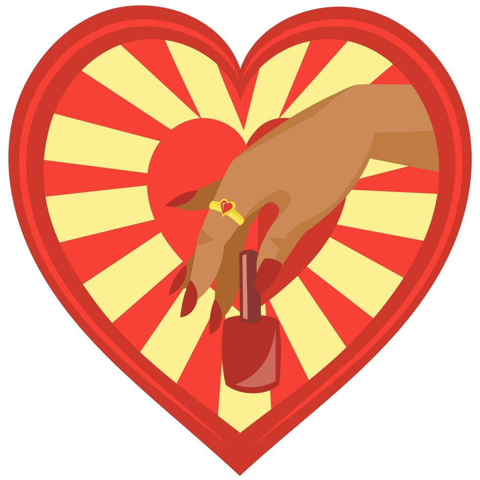 manicure logo per chiodo arte salone vettore Immagine. nero donna mano con d'oro squillare con cuore pietra Tenere rosso chiodo polacco bottiglia su il sfondo di rosso cuore con giallo raggi di leggero