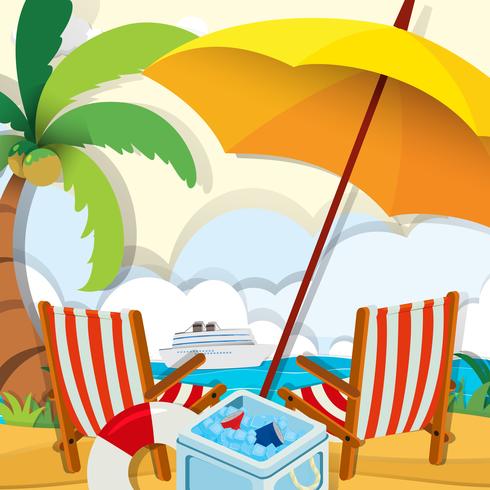 Scena della spiaggia con sedie e ombrellone vettore