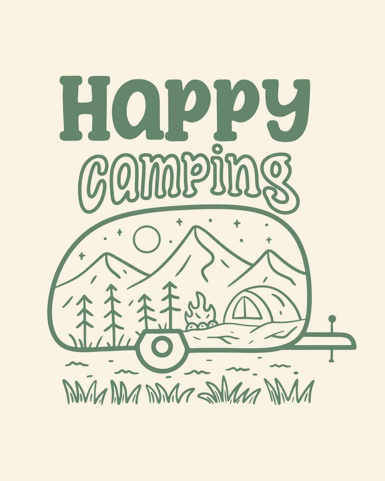 contento campeggio con il caravan con natura montagna nel il dentro illustrazione per distintivo, etichetta, t camicia disegno, e all'aperto uso vettore
