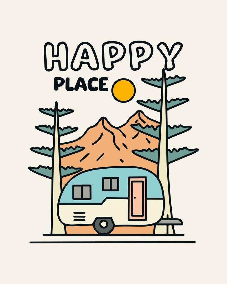 contento posto è il caravan sotto il montagna foresta illustrazione per distintivo, etichetta, t camicia disegno, e all'aperto uso vettore