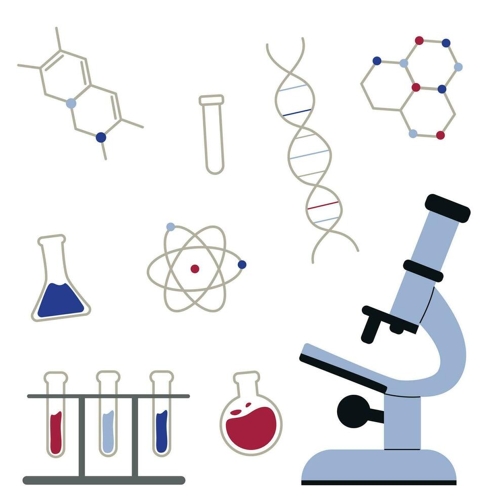 chimico laboratorio ricerca, laboratorio sperimentare. microscopio, test tubo, bicchiere borraccia. piatto vettore illustrazione su bianca sfondo