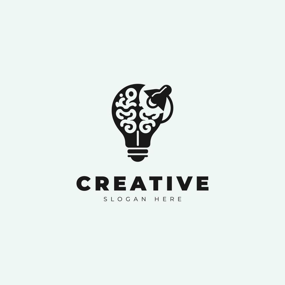 creativo emblema logo disegno, con un' combinazione di un' cervello e un' lampada, monocromatico stile vettore