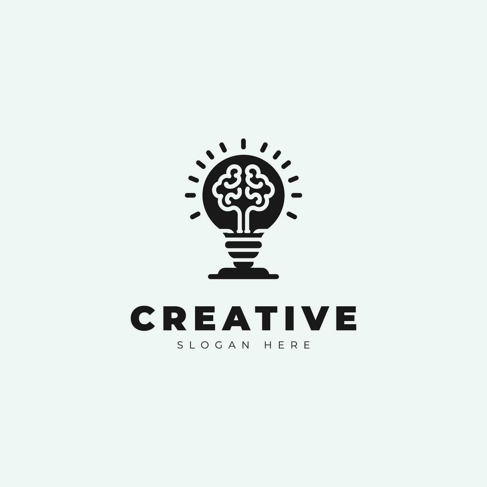 creativo emblema logo disegno, con un' combinazione di un' cervello e un' lampada, monocromatico stile vettore