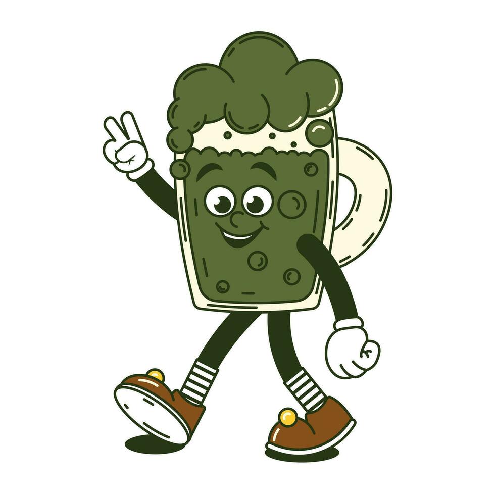 contento santo patricks giorno retrò etichetta. impaurito Groovy cartone animato personaggio a piedi verde birra nel un' bicchiere bicchiere. Vintage ▾ divertente portafortuna toppa psichedelico Sorridi e emozione. comico di moda vettore illustrazione