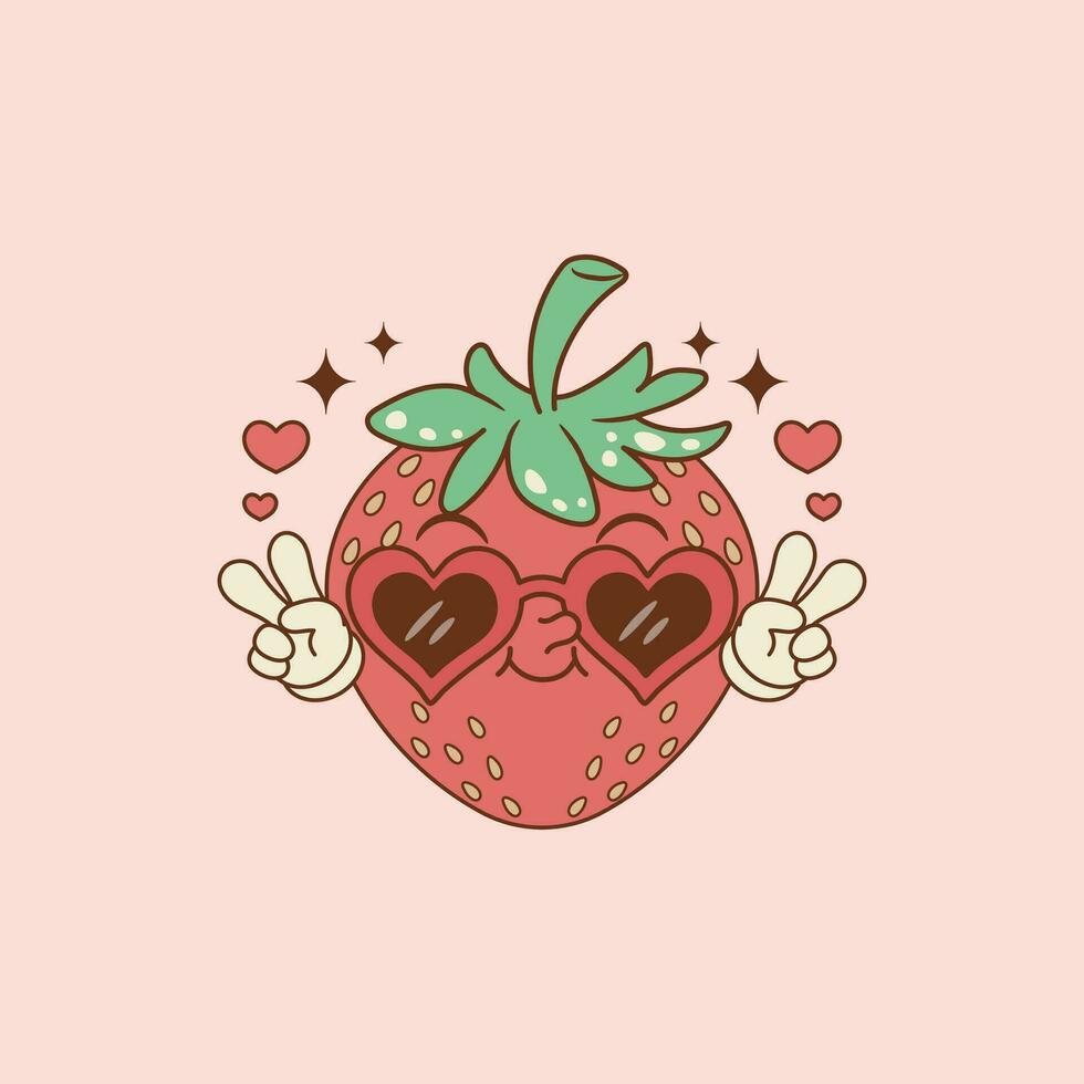 carino retrò cartone animato illustrazione di fragola con cuore bicchieri vettore