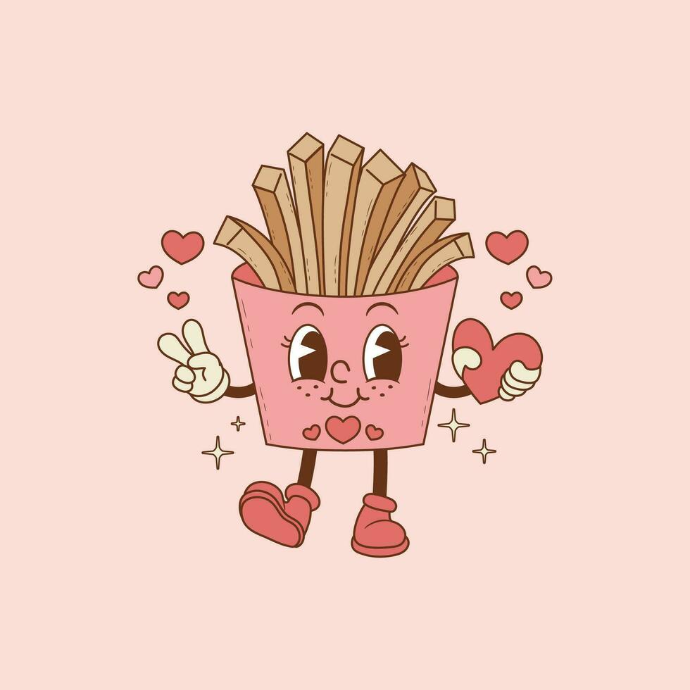 retrò illustrazione di francese patatine fritte con cuori e per amanti, carino francese patatine fritte vettore