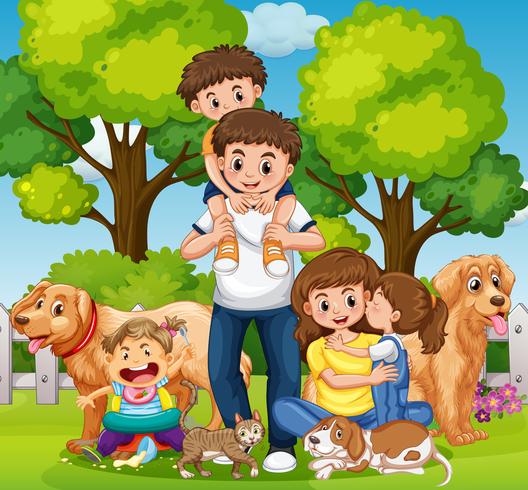 Famiglia con bambini e animali domestici nel parco vettore