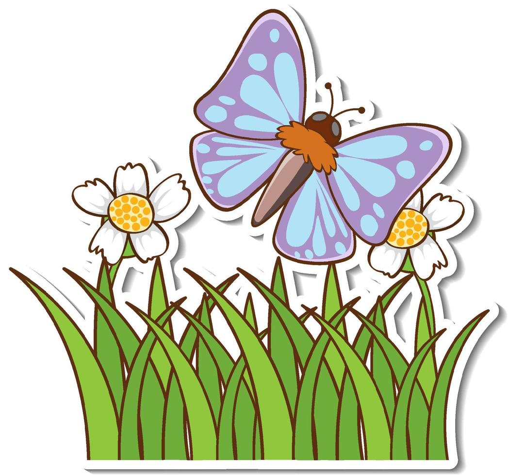una simpatica farfalla che vola sopra l'adesivo del campo in erba vettore