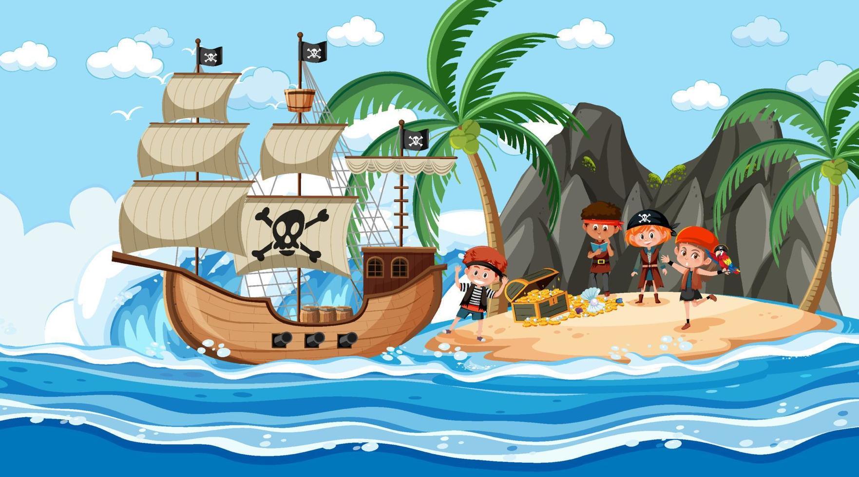 scena dell'isola del tesoro durante il giorno con bambini pirata vettore