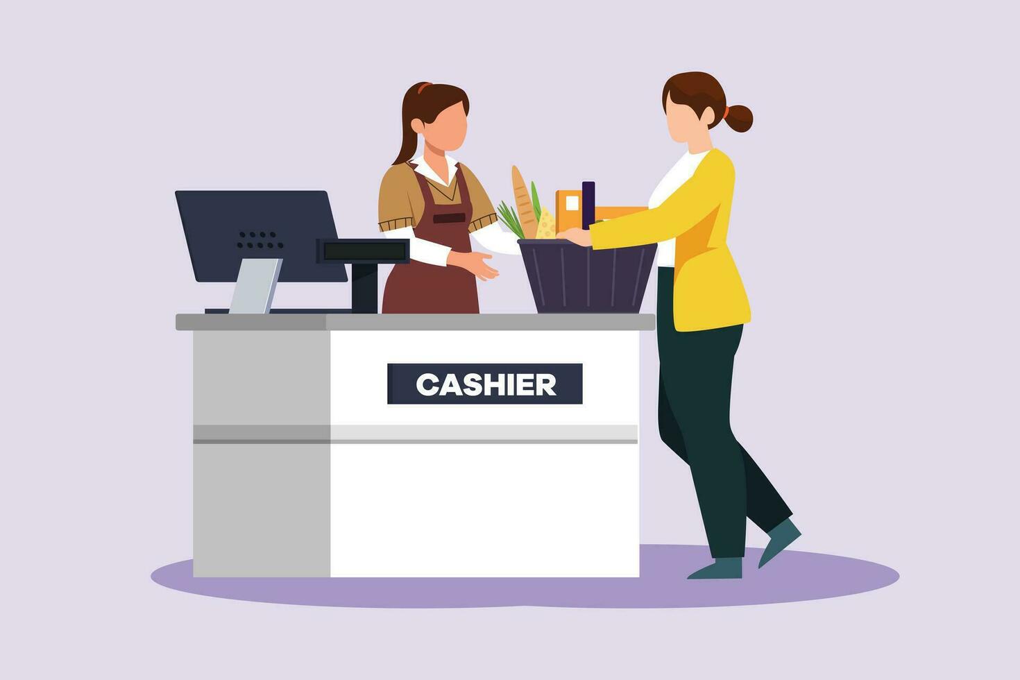 i clienti pagare a check-out e cassiere contatori concetto. colorato piatto vettore illustrazione isolato.