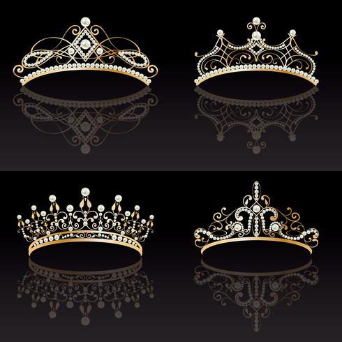 set collezione di quattro tiara dorate con perle femminili vettore