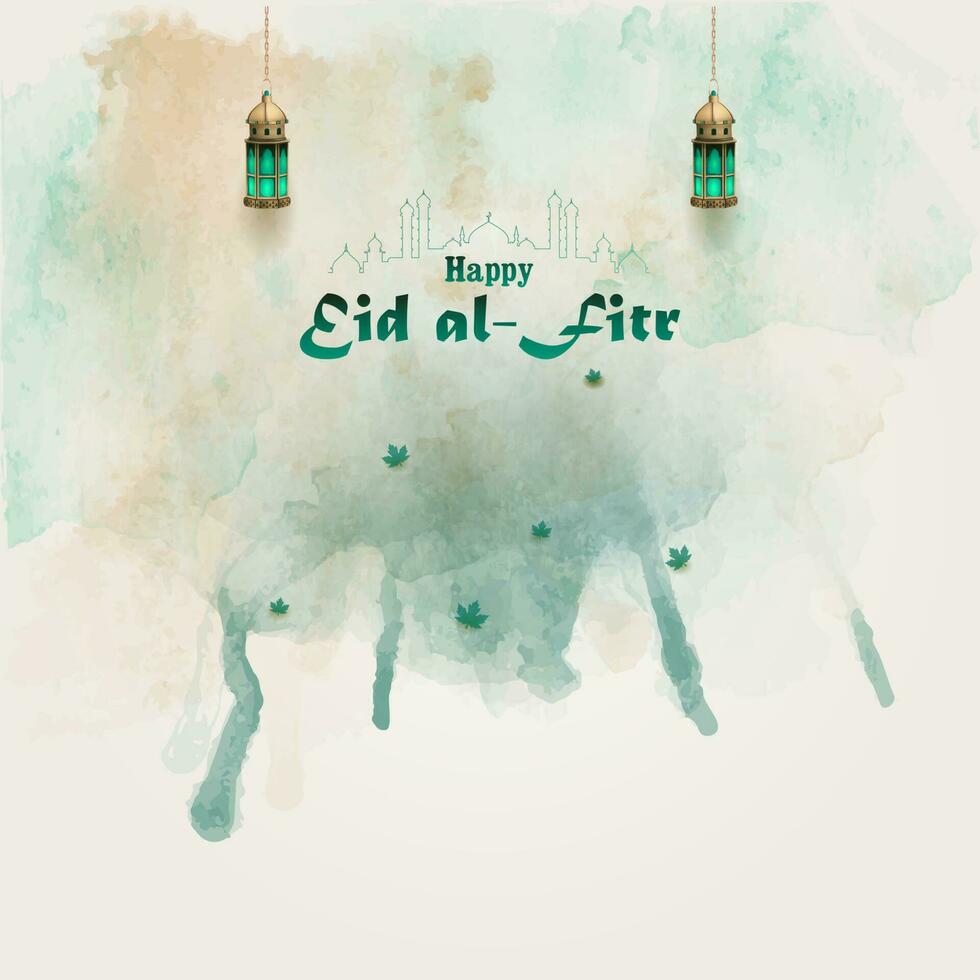 islamico saluti eid al Fitr carta design con acquerello sfondo e lanterne vettore