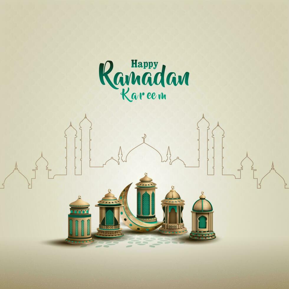 islamico saluto Ramadan kareem carta design con bellissimo verde lanterne vettore