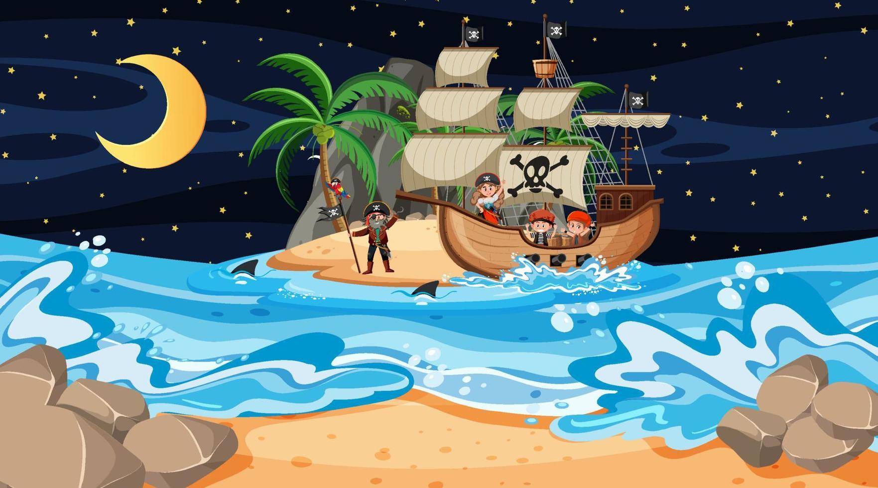 isola con nave pirata di scena notturna in stile cartone animato vettore